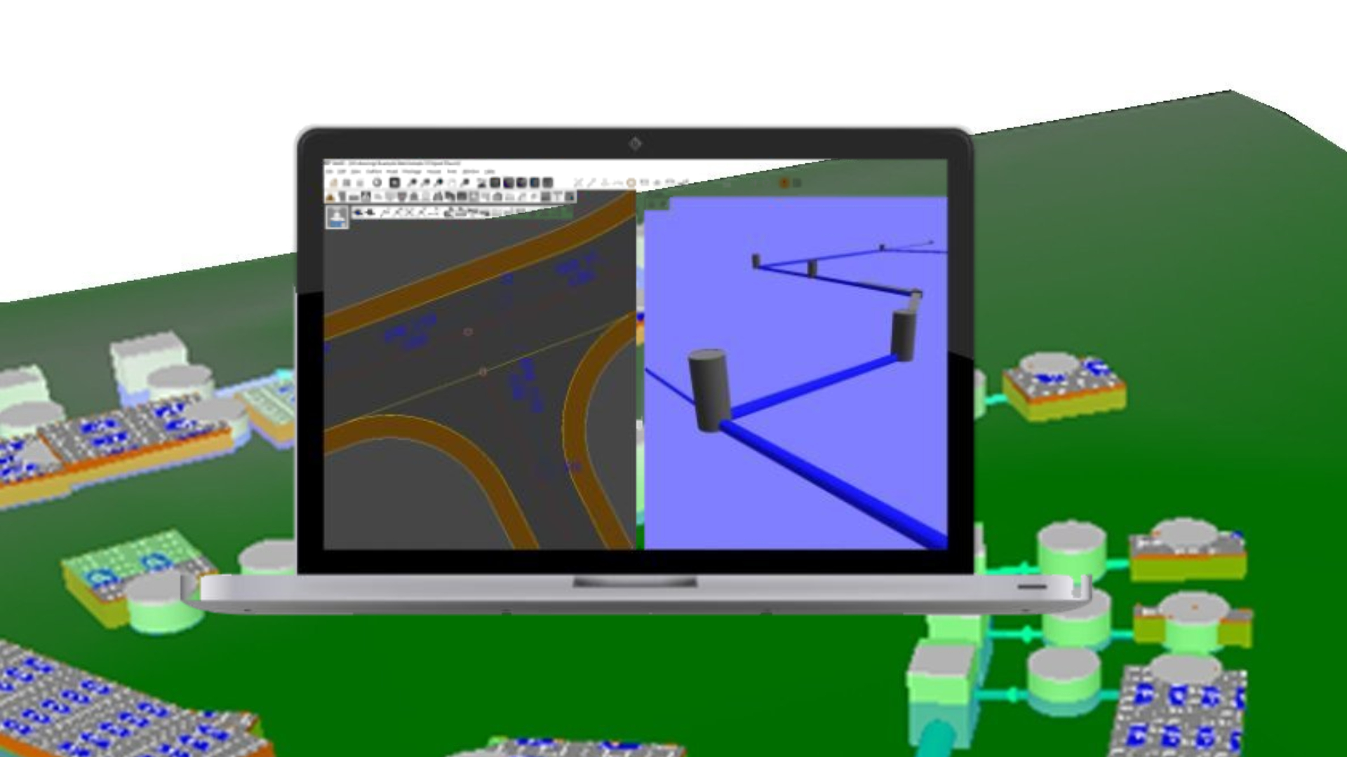 A road layout drawn in CAD beside a three-dimensional model of the drainage network, over a rendered site model